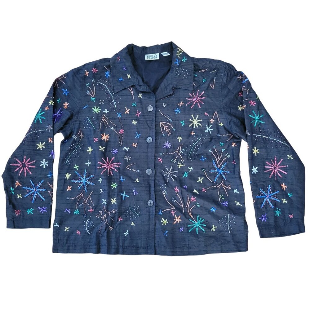 Chicos 2 Black Silk Jacket Celebrate Fireworks Beads Sequins Embroidery L 12‎